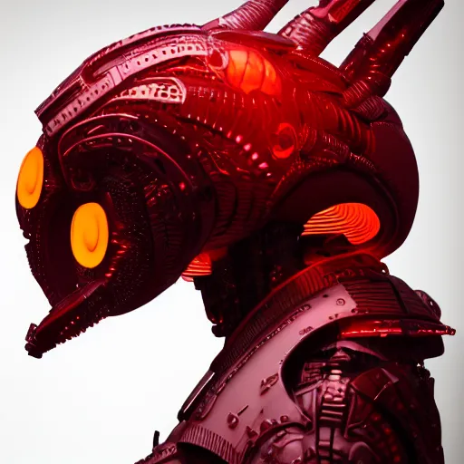 Image similar to military - grade, industrial, portrait of glowing, warm, sharp edges, sleek contours, textured, reddish, atmospheric, misty, leds, futuristic cybernetic warrior alien in profile, highly intricate, detailed humanoid in a volumetric lighting warehouse, trending on artstation