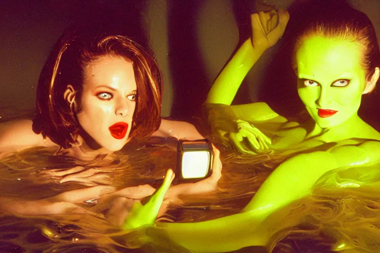 Image similar to handsome alien woman using a computer submerged in translucent goo, in 1 9 8 5, y 2 k cybercore, industrial low - light photography, in the style of terry richardson