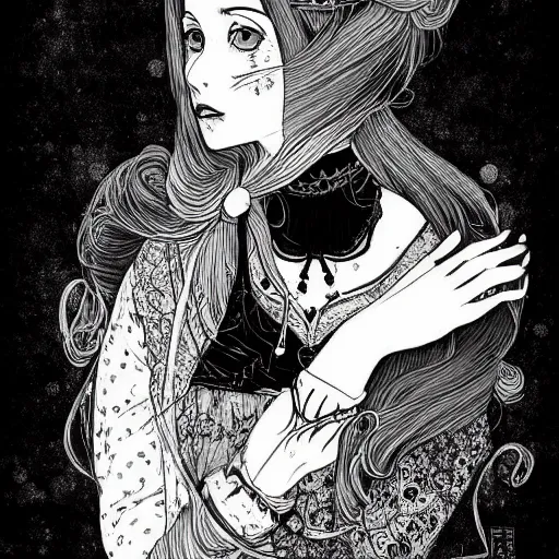 Image similar to Portrait a woman in Victorian clothing, Art by Yana Toboso, manga, black and white, japanese ink, high contrast, digital art