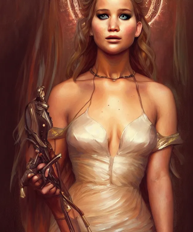 Image similar to half nicole kifman half Jennifer lawrence, a fantasy beautiful woman portrait, amber loving eyes, face, long hair, fantasy, intricate, elegant, highly detailed, digital painting, concept art, smooth, sharp focus, soft pale lights, illustration, greg rutkowski and alphonse mucha