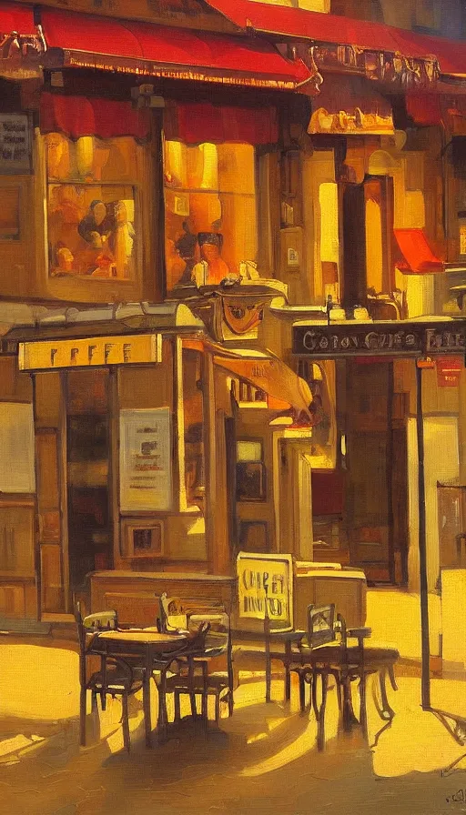 Image similar to still-life painting of Prague cafe at sunset by Krøyer, golden hour, dramatic lighting, volumetric lighting, intricate detail, canvas print