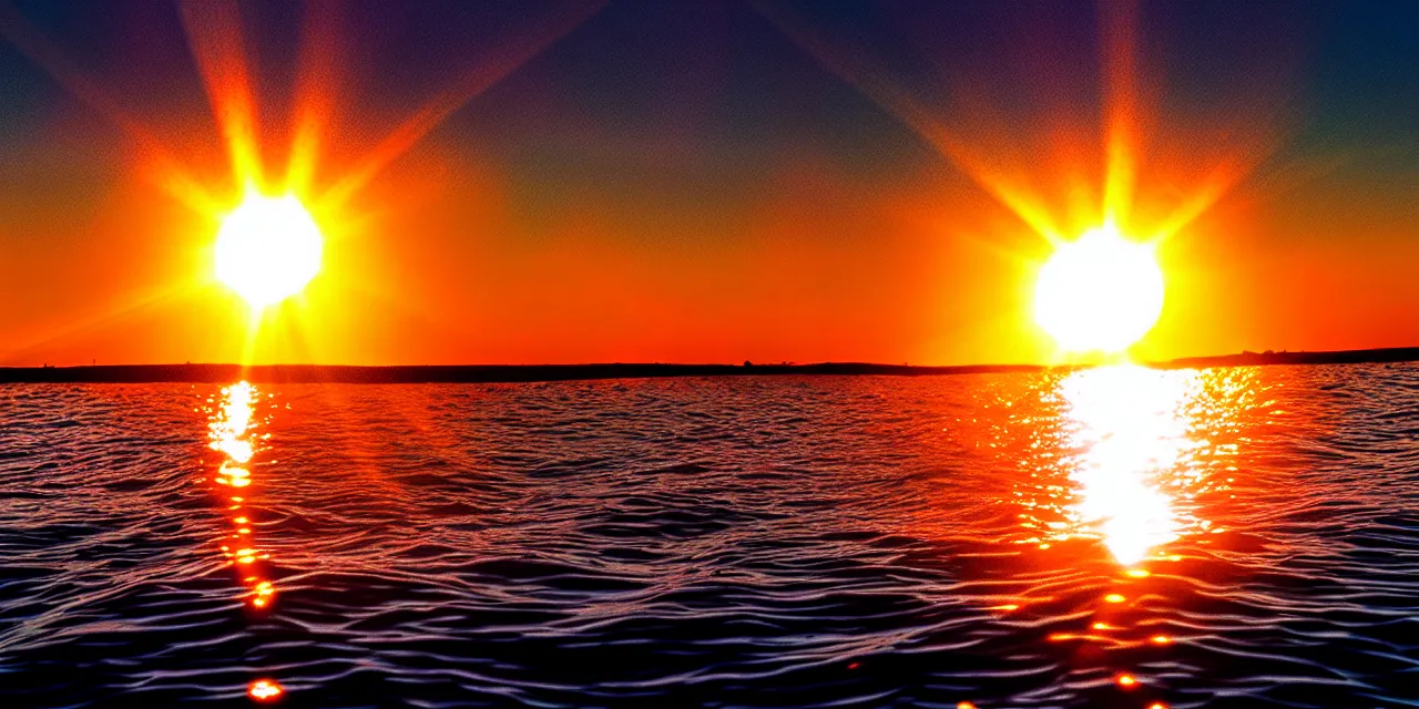 Image similar to photo of a sunset taken from underwater, rays of sunlight refract and glimmer through the water, caustics