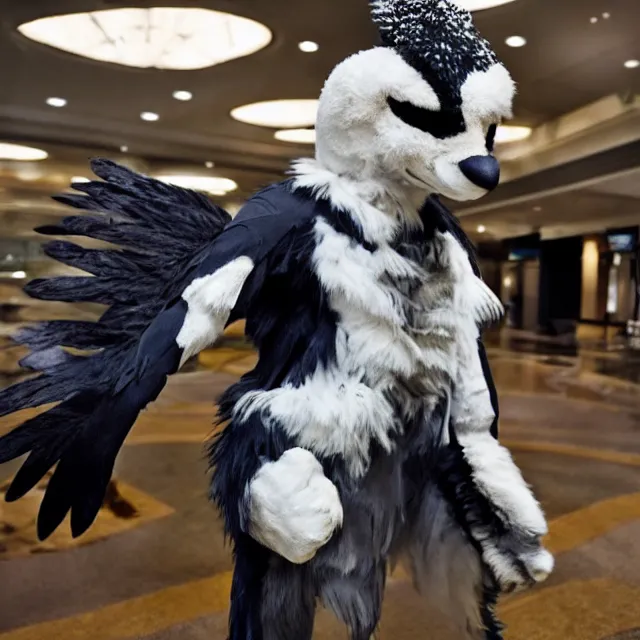 Image similar to a person wearing a fursuit of a magpie fursona, fursona, furry convention, hotel lobby, indoors, photograph, furry fandom, photorealistic,