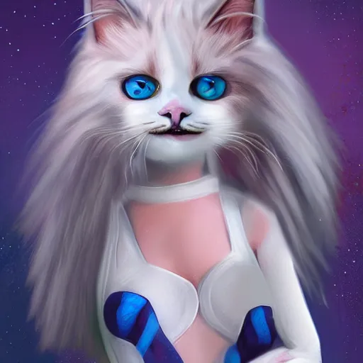 Image similar to graphic, hyperreal, portraiture illustration of a anthropomorphic beautiful ragdoll cat in different marvel cosplay clothes, smiling, digital painting