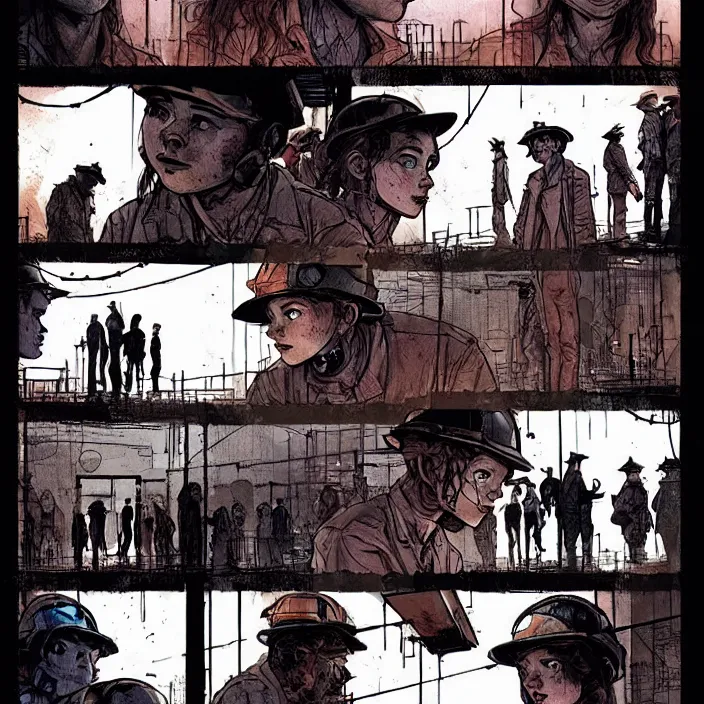 Image similar to a long queue to a big box / booth. sadie sink as a miner in the queue. storyboard, scifi cyberpunk. by gabriel hardman, joe alves, chris bonura. cinematic atmosphere, detailed and intricate, perfect anatomy