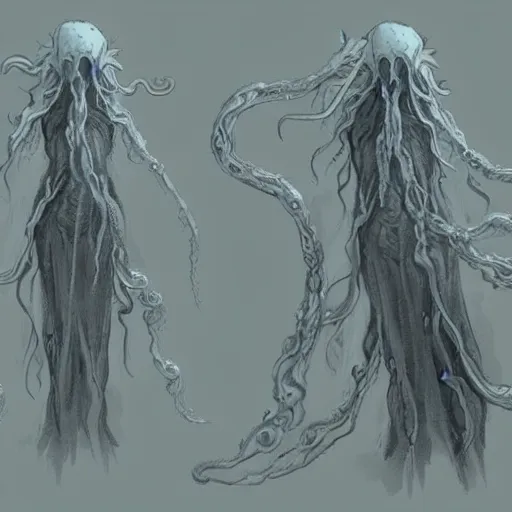 Prompt: concept designs for an end game boss that is an ethereal ghostly wraith like figure with a squid like parasite latched onto its head and long tentacle arms that flow lazily but gracefully at its sides like a cloak while it floats around a frozen rocky tundra in the snow searching for lost souls and that hides amongst the shadows in the trees, this character has hydrokinesis and electrokinesis for the resident evil village video game franchise with inspiration from the franchise Bloodborne