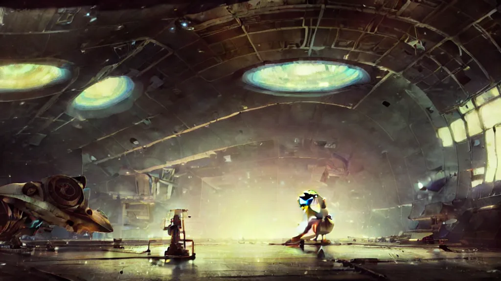 Prompt: a film still of a 1 9 5 0's mechanic anime girl repairing ufo in big hangar inside spaceship, sharp focus, finely detailed features, full body mid shot, perfect art, trending on pixiv fanbox, painted by gaston bussiere, makoto shinkai, akihiko yoshida, gaston bussiere, craig mullins