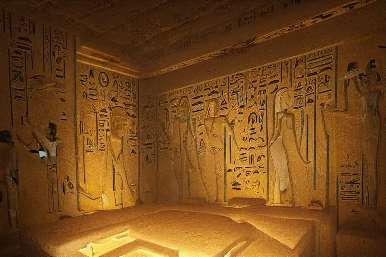 Image similar to interrior of an egyptian tomb with shiney gold and onyx by greg rutkowski and james gurney, trending on artstation, hdr, highly detailed