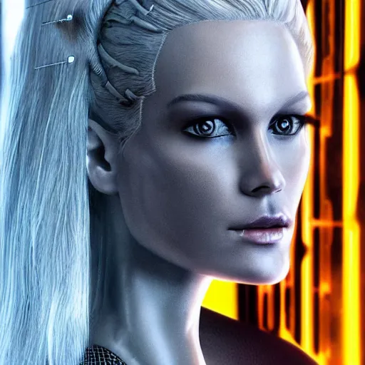 Image similar to full body of a very pretty blond borg queen on a borg ship, cybernetic implants, perfect face, symmetrical face, moody lighting, shallow depth of field,