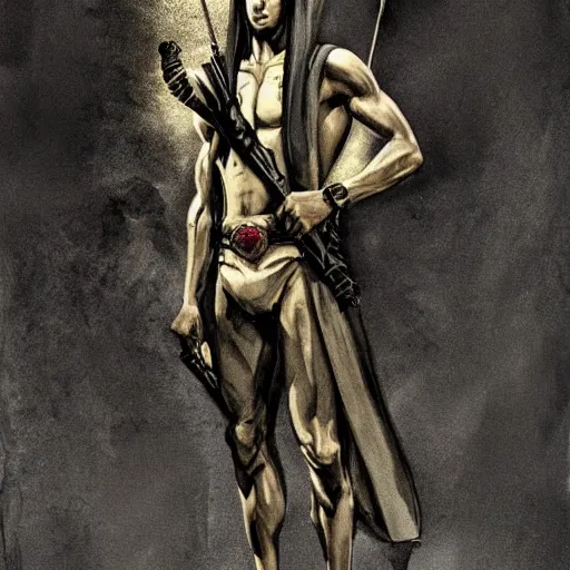 Prompt: full length portrait, stunning beauty, young man, olive complexion, Cult of Anubis warrior prince, holding a sceptre, battle ready, slim muscled, ethereal smoking tendrils, distopian, smoke filled night-time, cinematic, in the style of Ashley Wood,