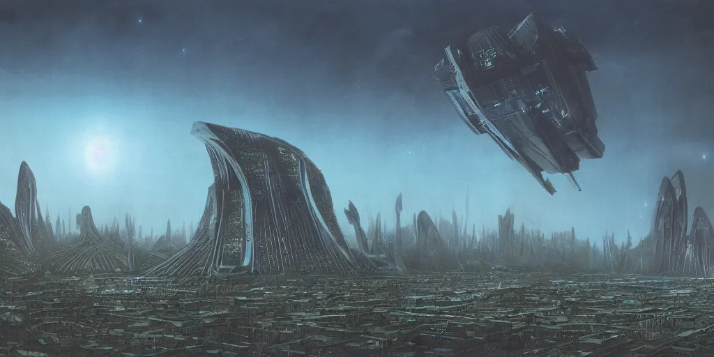 Prompt: future forest city attacked by spaceship, trees, plant, broken buildings, doom of the gods, monster, gravity mess, star trek, glory war, photograph, by arthur haas and bruce pennington and john schoenherr, cinematic matte painting, zaha hadid building, photo realism, dark moody color palate, blue hour stars, desolate glacial landscape,