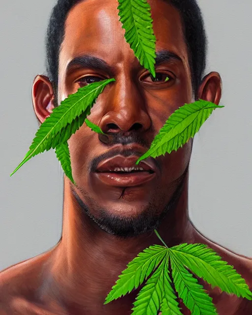 Image similar to a realistic and hyper detailed symmetrical portrait painting of a relaxed male face and green ganja leaves, his eyes are radiating blue energy, by procreate, featured on ArtStation