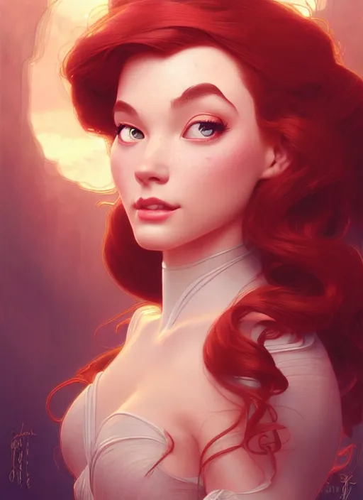 Image similar to portrait of disney ariel, intricate, elegant, highly detailed, my rendition, digital painting, artstation, concept art, smooth, sharp focus, illustration, art by artgerm and greg rutkowski and alphonse mucha and uang guangjian and gil elvgren and sachin teng, symmetry!!