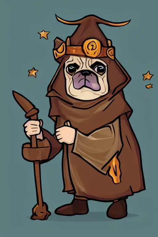 Image similar to Pug that is a wizard casting a spell , wizard, medieval, sticker, colorful, casting epic spell, magic the gathering artwork, D&D, fantasy, artstation, heroic pose, illustration, highly detailed, simple, smooth and clean vector curves, no jagged lines, vector art, smooth