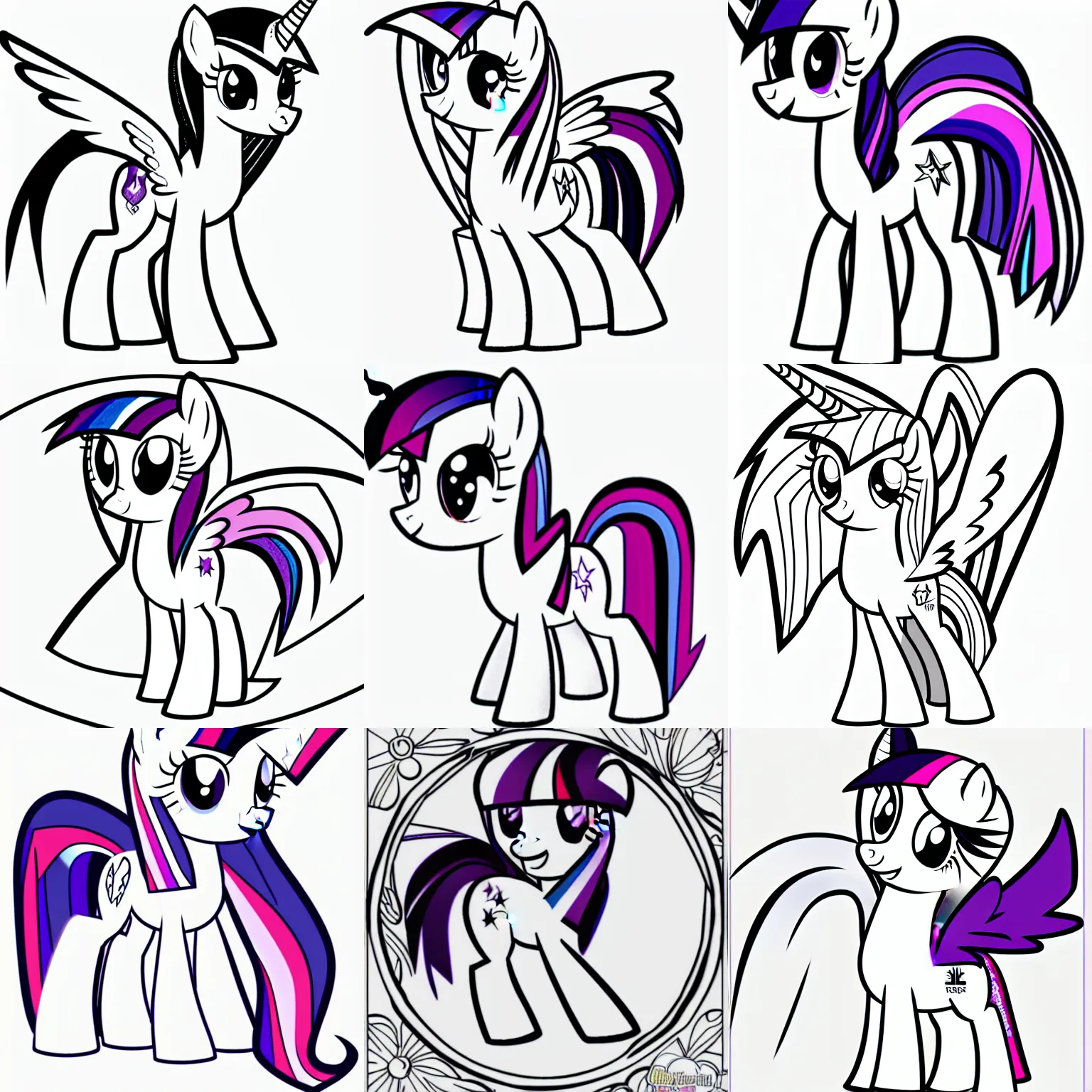 Prompt: Twilight Sparkle from My Little Pony: Friendship is Magic, uncolored black and white page from a coloring book, clean line art, no color