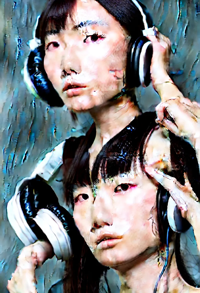 Image similar to headshot, japanese young woman, headphones listening to music, elegant as fashion editorial shot, highly detailed, smooth, sharp focus, photo by vogue