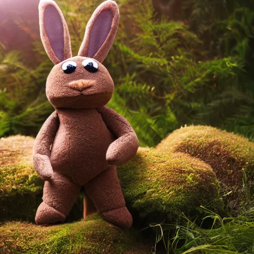 Prompt: a photo of a little brown bunny muppet plush out in nature and wearing a ninja outfit, photorealistic, photography, ambient occlusion, god rays, rtx, national geographic