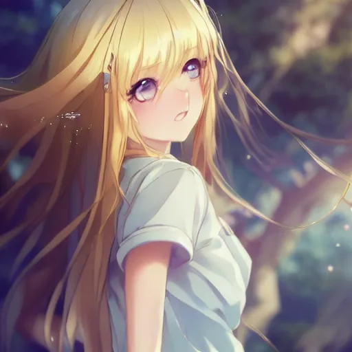 Image similar to a very beautiful anime girl, full body, long golden hair, sky blue eyes, full round face, short smile, mini jeans skirt, cute top, sitting holding knee together, cinematic lighting, medium shot, mid-shot, highly detailed, trending on Artstation, Unreal Engine 4k, cinematic wallpaper by Stanley Artgerm Lau, WLOP, Rossdraws, James Jean, Andrei Riabovitchev, Marc Simonetti, and Sakimichan