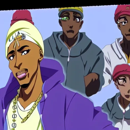 Image similar to Tupac Shakur, screenshot from a 2012s anime