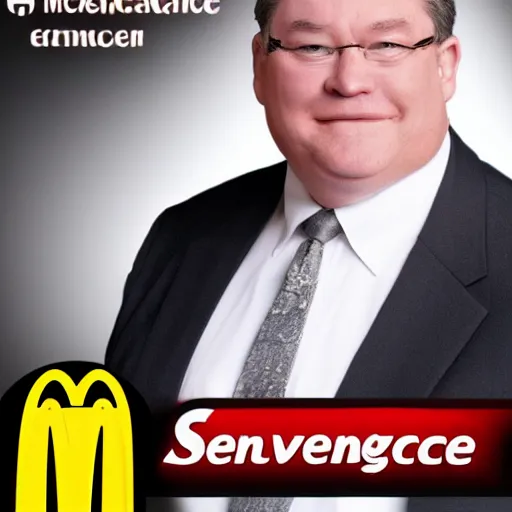 Prompt: senator steven armstrong from revengeance!!! working as a mcdonald's cashier, extreme muscles, nanomachines