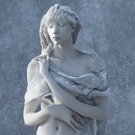 Prompt: “a delicate renaissance marble sculpture covered with water veil, highly detailed transparent marble cloth, gi, global illumination, physically based rendering, photorealistic, cinematic light , dark background”