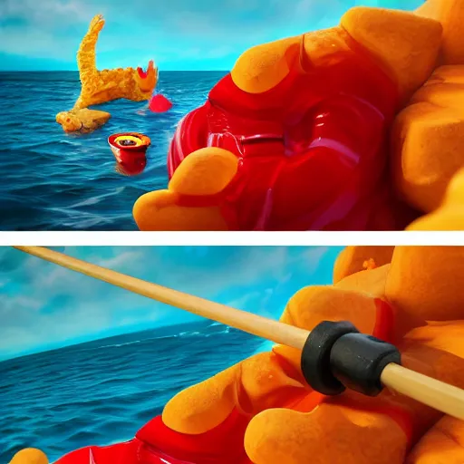 Image similar to life - sized gummi bear going deep sea fishing in a convertible sportfisherman boat. he is fishing for swedish fish candy and using gummi worm candy as bait. photorealistic digital art, epic fantasy, dramatic lighting, cinematic, extremely high detail, cinematic lighting, trending, artstation, cgsociety, 3 d ue 5, 4 k, hq