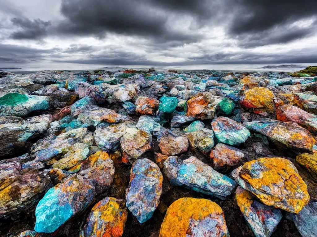 Prompt: a colourful wide-angle long exposure photograph of large rocks in water and cloudy sky, fine art photography