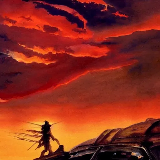 Image similar to dramatic sunset and dramatic sky , lone muscular man in the middle of the sun , painting by frazetta, low angle perspective, postapocalyptic panorama.asthetics !