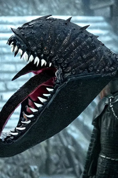 Image similar to very very intricate photorealistic photo of a chain chomp in an episode of game of thrones, photo is in focus with detailed atmospheric lighting, award - winning details