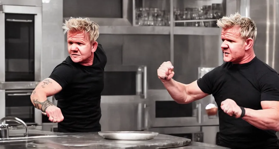 Image similar to photo of angry furious Gordon Ramsay punching Gordon Ramsay at the kitchen