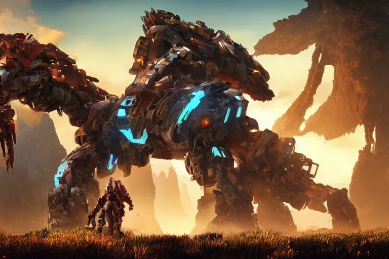 Image similar to tremortusk machine mecha animal beast robot of horizon forbidden west horizon zero dawn bioluminiscence global illumination ray tracing hdr fanart arstation by sung choi and eric pfeiffer and gabriel garza and casper konefal