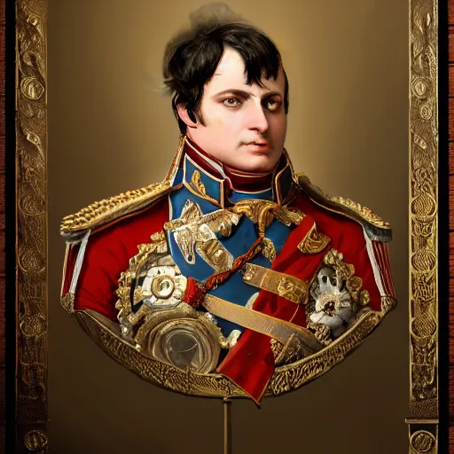 Prompt: portrait of divine emperor napoleon bonaparte, handsome, tall, dieselpunk steampunk napoleonic french baroque, metal shoulder pauldrons, intricate, highly detailed, digital painting, artstation, concept art, sharp focus, cinematic lighting, illustration, art by artgerm and greg rutkowski, alphonse mucha, cgsociety