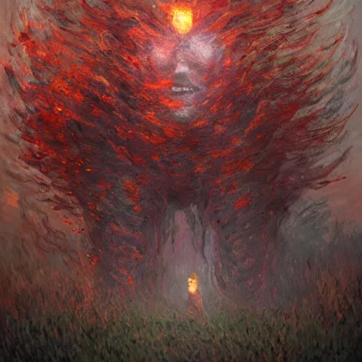 Image similar to a beautiful terrifying monster of flowers, eyes and mouth glowing like burning embers. ethereal horror fantasy art by monet and greg rutkowski