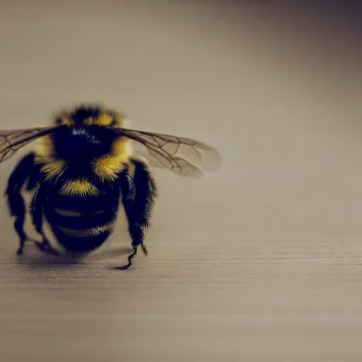 Image similar to a photo of a bumble bee in a court room surrounded by other incects awaiting a verdict, 5 0 mm lens, f 1. 4, sharp focus, ethereal, emotionally evoking, head in focus, volumetric lighting, blur dreamy outdoor,