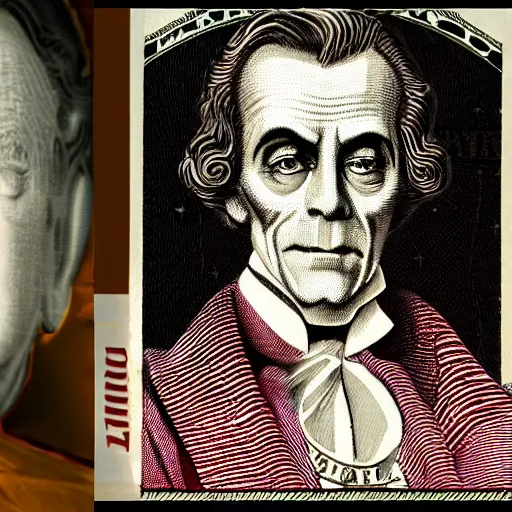 Image similar to an intricately detailed new dollar bill design containing a portrait of Count Chocula