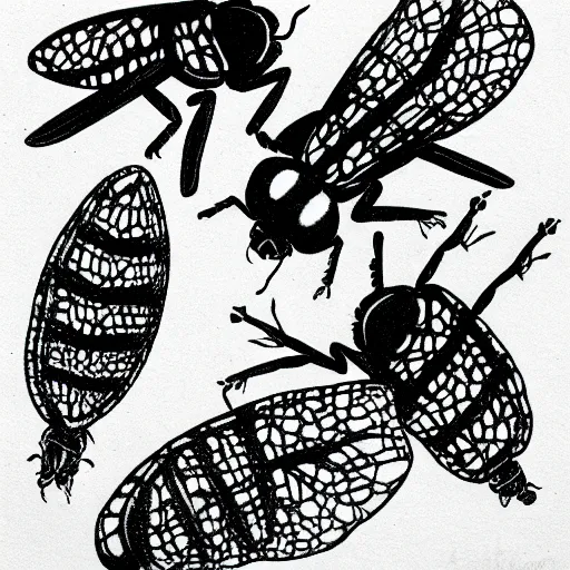 Image similar to common fly, black and white, botanical illustration, black ink on white paper, bold lines