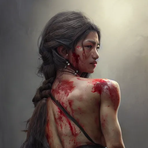 Image similar to portrait painting of a muscular bloodied dark nepali female butcher back, ultra realistic, concept art, intricate details, eerie, highly detailed, photorealistic, octane render, 8 k, unreal engine. art by artgerm and greg rutkowski and alphonse mucha