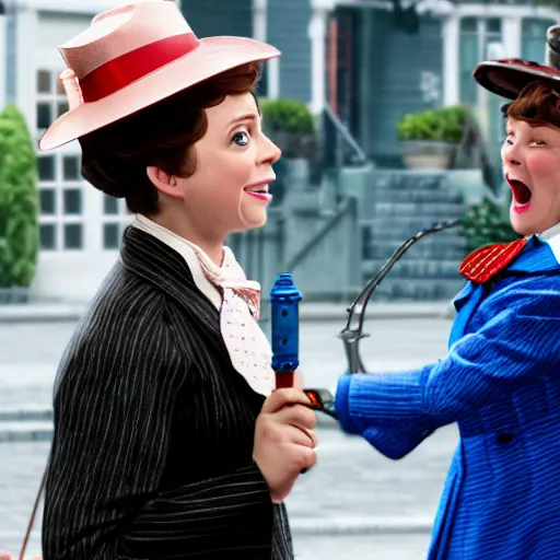 Image similar to rachel bloom as mary poppins violently shaking a crying baby, ultra detailed, 8 k resolution, ultrarealistic