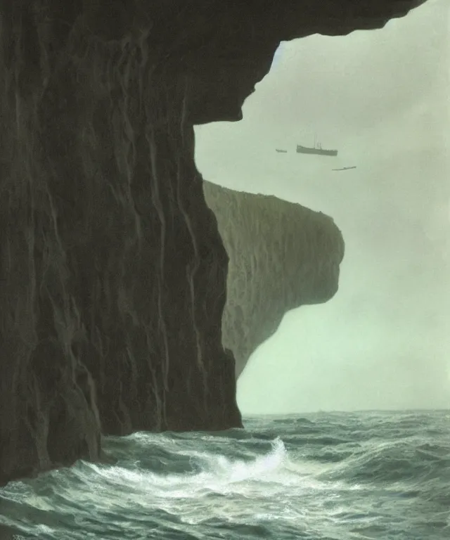 Prompt: photorealistic painting of a 1 9 2 5 seiner sailing near a short tropical cliff with the mouth of a sea cave at the waterline, dark, brooding, atmospheric, lovecraft, horror, smooth, epic, highly detailed, cinematic, by robert bateman