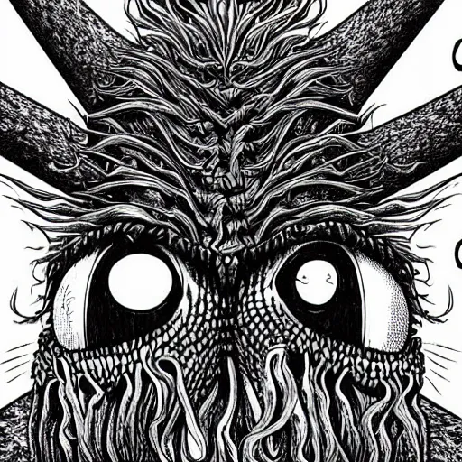 Prompt: a mad psy monster with dreadlocks wo sharp heads that look sternly at each other, it has several eyes and scales on the misshapen body, psychedelic cosmic horror,