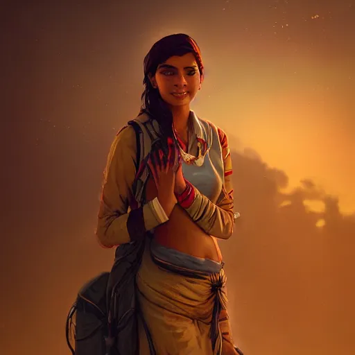 Prompt: Anxious beautiful young female Indian Doctor at Heathrow terminal, by Cedric Peyravernay, highly detailed, excellent composition, cinematic concept art, dramatic lighting, trending on ArtStation