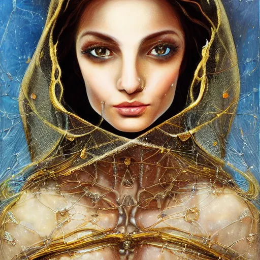 Image similar to beautiful gorgeous pristine spanish Goddess of life with a veil, dark Goddess of artificial intelligence creating an artificial neural network with gold synapses on an anvil with her scythe, high resolution, award winning art, trending on art station, sharp image, incredibly detailed, detailed character, realistic painting, hyper-realistic painting, coherent painting, master piece by ramon y cajal