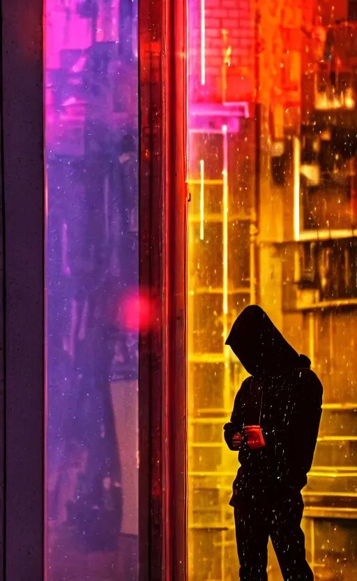 Image similar to a hooded cyborg smoking a cigarette outside of a windowed storefront, neon lights reflecting, pouring rain, high contrast, faded colors, depth of field, detailed 8k sci-fi portrait