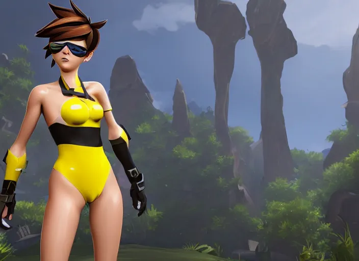Image similar to tracer game character, in yellow bikini, blonde hair, black eyes, full height