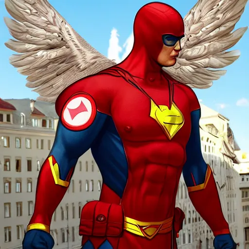 Image similar to highly realistic digital painting of a superhero, red and white costume colors, with an eagle emblem, eagle logo, vienna city, european buildings, austrian architecture, highly detailed, digital painting, artstation, concept art, smooth, sharp focus, illustration, unreal engine 5, 8 k, art by artgerm and greg rutkowski and edgar maxence