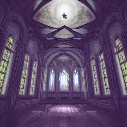 Image similar to large gothic hall with large chandelier under the ceiling, eyes over the windows, horror movie, moonlight, artstation, detailed, colorfull, futuristic