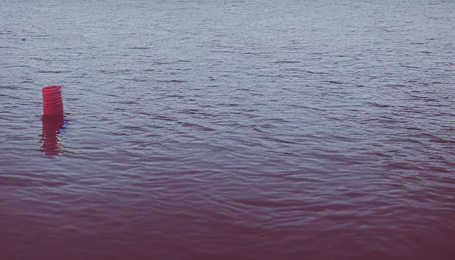 Image similar to rope floating to surface of water in the middle of the lake, overcast lake, 2 4 mm leica anamorphic lens, moody scene, stunning composition, hyper detailed, color kodak film stock
