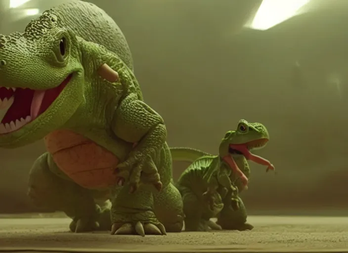 Image similar to film still of yoshi in the new sci - fi movie, cute upright standing upright upright dinosaur standing on its hind legs with a small red turtle shell and sticking out a long sticky tongue, 8 k