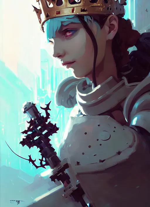 Prompt: portrait of cute maiden girl with crown of thorns in cyber armor, warhammer, cyberpunk, by atey ghailan, by greg rutkowski, by greg tocchini, by james gilleard, by joe fenton, by kaethe butcher, dynamic lighting, gradient light blue, brown, blonde cream and white color in scheme, grunge aesthetic