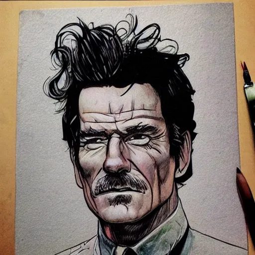 Image similar to beautiful portrait commission of a handsome Bryan Cranston casual clothes in a vintage gothic style. black hair. pale skin, black makeup. character design by ralph steadman, detailed, inked, western comic book art